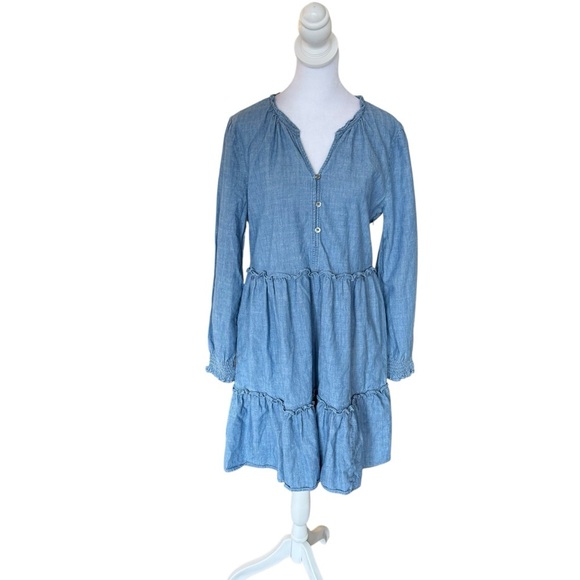 J. Crew - Chambray Ruffle Long Sleeve Mini Dress Sz 8 - Picture 4 of 8
